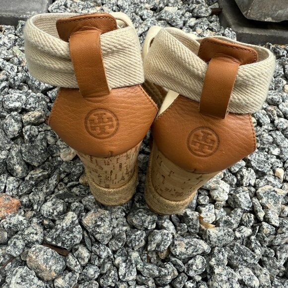 Tory Burch Kate Cream and Tan Woven Espadrille Wedge Platform Sandals Size 10 - Picture 6 of 8